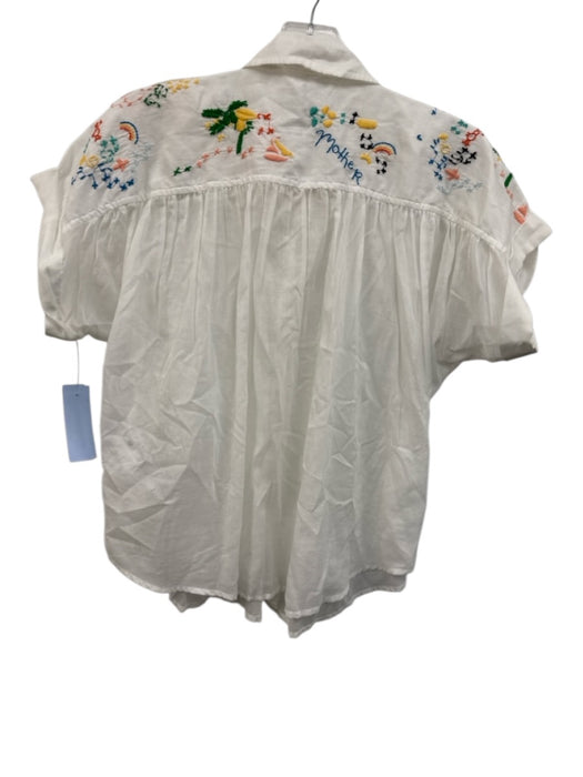 Mother Size XS White Cotton Short Sleeve Embroidered Buttons Collar Top White / XS