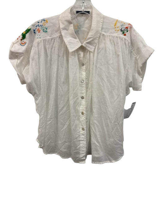 Mother Size XS White Cotton Short Sleeve Embroidered Buttons Collar Top White / XS