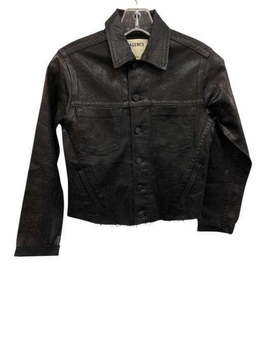 L'agence Size XS Black Cotton Blend Button Down Waxed Denim Long Sleeve Jacket Black / XS