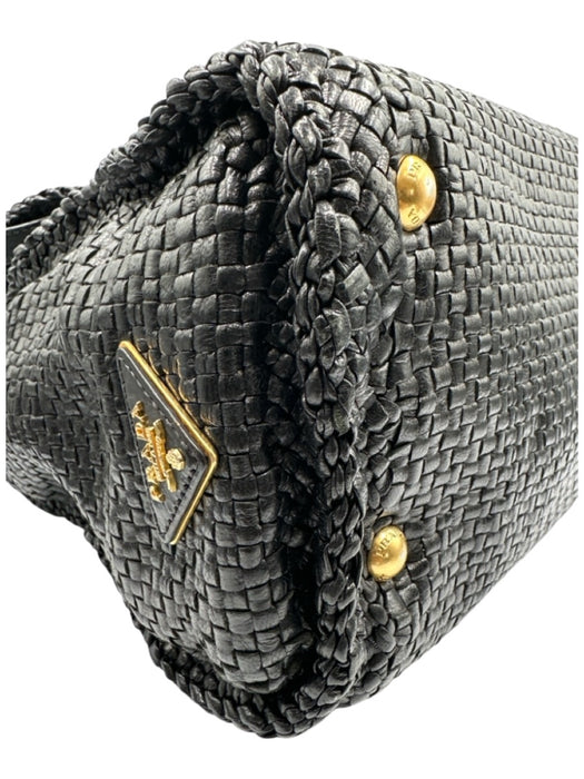Prada Black Leather Woven Top Handle Flap Crossbody Strap Bag Black / Medium