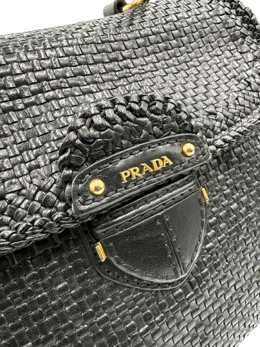 Prada Black Leather Woven Top Handle Flap Crossbody Strap Bag Black / Medium