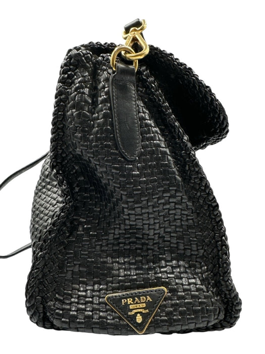 Prada Black Leather Woven Top Handle Flap Crossbody Strap Bag Black / Medium