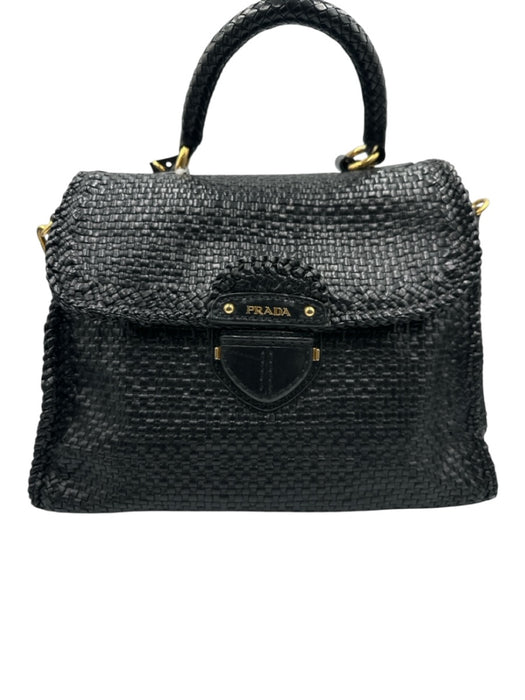 Prada Black Leather Woven Top Handle Flap Crossbody Strap Bag Black / Medium