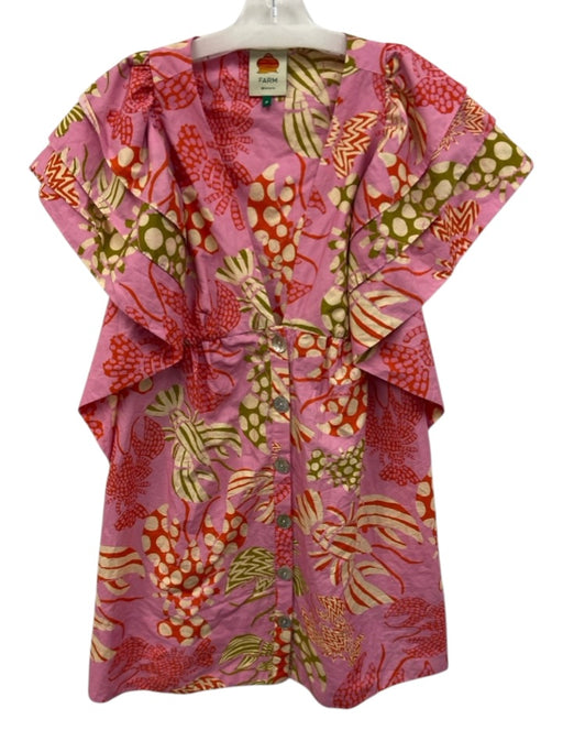 Farm Rio Size M Pink & Multi Cotton V Neck Button Front All Over Print Dress Pink & Multi / M