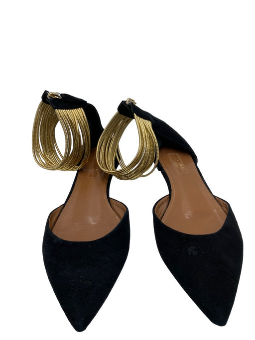 Aquazzura Shoe Size 38 Black & Gold Leather Suede Pointed Toe Back Zip Flats Black & Gold / 38