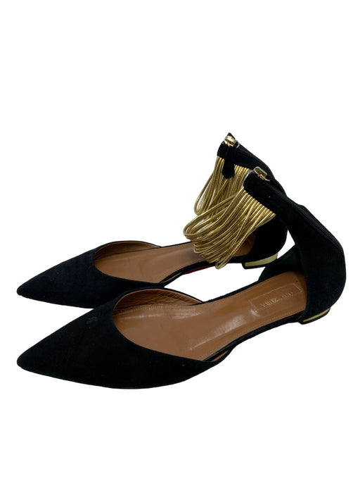 Aquazzura Shoe Size 38 Black & Gold Leather Suede Pointed Toe Back Zip Flats Black & Gold / 38