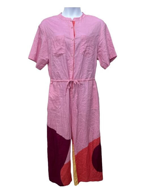 The Kit. Size XL Pink Multi Cotton Button Down Wide Leg Tie Waist Jumpsuit Pink Multi / XL