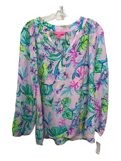 Lilly Pulitzer Size M Purple Green & Blue Silk Long Sleeve All Over Print Top Purple Green & Blue / M