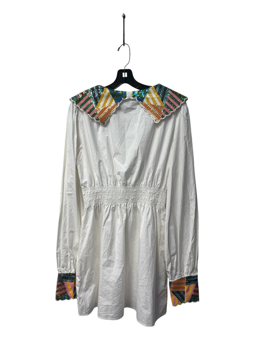 Queen of Sparkles Size Large White Cotton Long Sleeve Sequin Detail Lined Dress White / Large