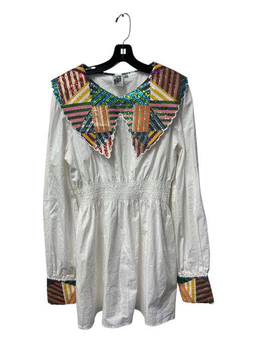Queen of Sparkles Size Large White Cotton Long Sleeve Sequin Detail Lined Dress White / Large