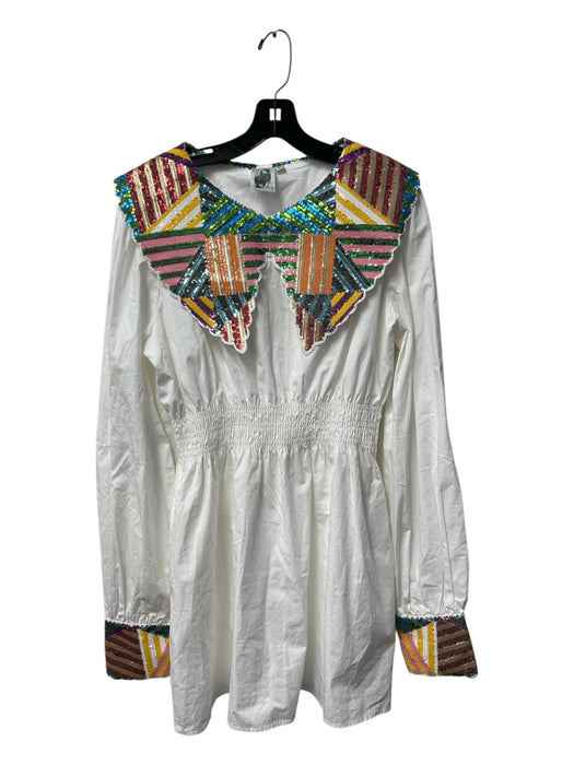 Queen of Sparkles Size Large White Cotton Long Sleeve Sequin Detail Lined Dress White / Large
