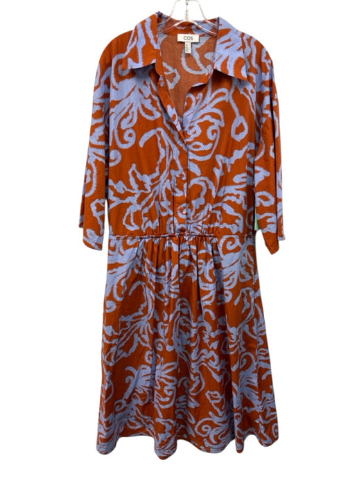 COS Size 14 Orange & Blue Cotton 3/4 Sleeve Swirl Elastic Waist Dress Orange & Blue / 14