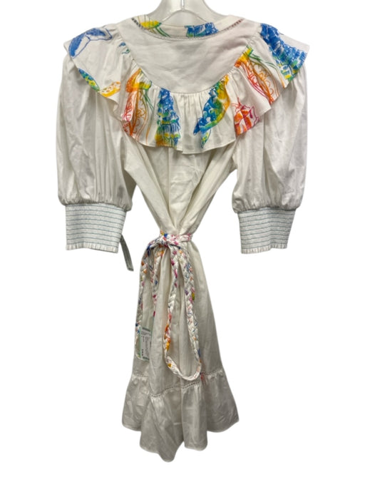 Alden Adair Size L White, Blue & Multi Cotton Short Balloon Sleeve Dress White, Blue & Multi / L