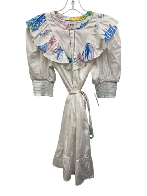 Alden Adair Size L White, Blue & Multi Cotton Short Balloon Sleeve Dress White, Blue & Multi / L