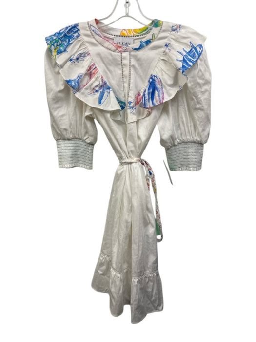 Alden Adair Size L White, Blue & Multi Cotton Short Balloon Sleeve Dress White, Blue & Multi / L