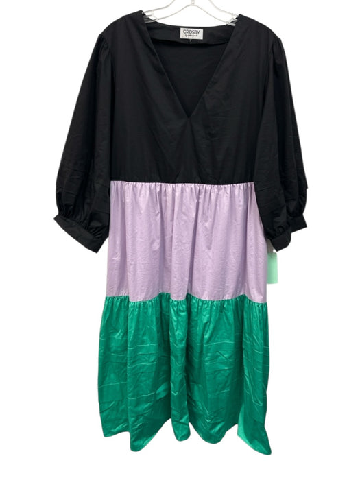 CROSBY by Mollie Burch Size L Black, Lavendar & Green Cotton Color Block Dress Black, Lavendar & Green / L