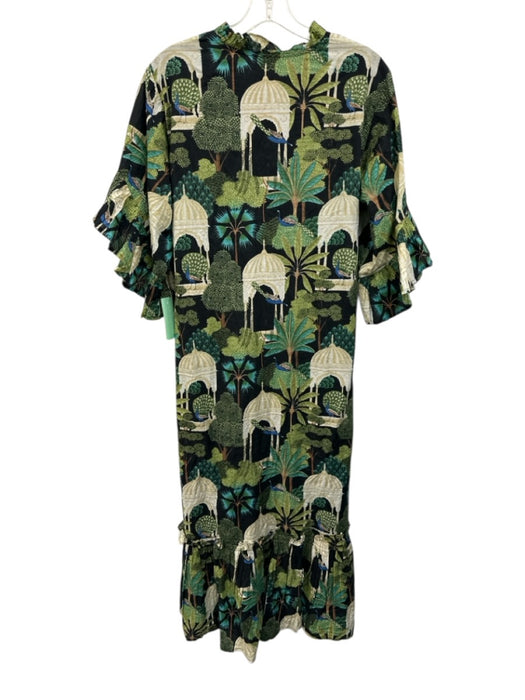 Fitzroy & Willa Size L Green, black & brown Cotton 1/2 Flutter Sleeve Maxi Dress Green, black & brown / L