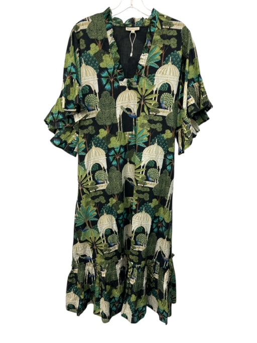 Fitzroy & Willa Size L Green, black & brown Cotton 1/2 Flutter Sleeve Maxi Dress Green, black & brown / L