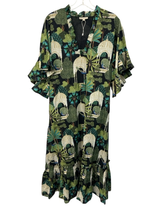 Fitzroy & Willa Size L Green, black & brown Cotton 1/2 Flutter Sleeve Maxi Dress Green, black & brown / L