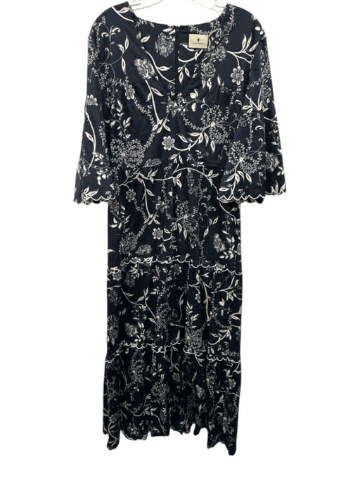 Tuckernuck Size L Black & White Cotton 1/2 Flutter Sleeve Floral V Neck Dress Black & White / L