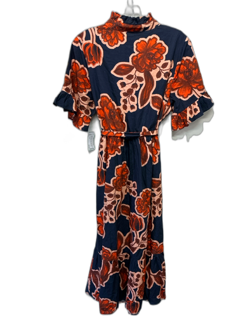 La Roque Size L Black, Orange & Peach Cotton Short Sleeve Floral Midi Dress Black, Orange & Peach / L