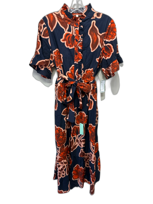 La Roque Size L Black, Orange & Peach Cotton Short Sleeve Floral Midi Dress Black, Orange & Peach / L