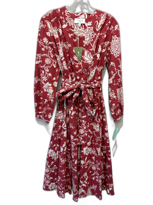 Olivia by Livro Size M red & cream Cotton Long Sleeve Floral Elastic Waist Dress red & cream / M