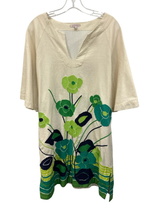 Frances Valentine Size M Cream, Green & Navy Cotton 3/4 Flare Sleeve Dress Cream, Green & Navy / M