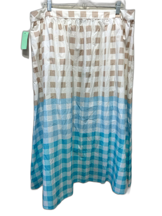 Ming wang Size L Tan, blue & white Cotton Side Zip Checked Midi Gradient Skirt Tan, blue & white / L