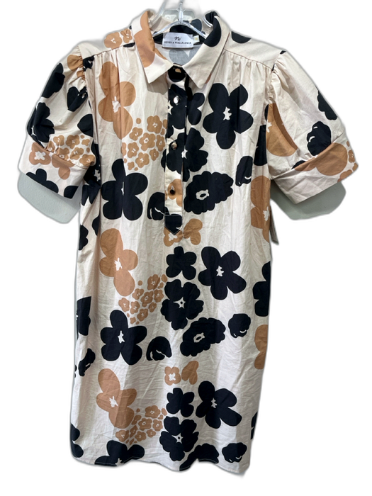 Never a Wallflower Size M Cream, Tan & Black Cotton Short Sleeve Floral Dress Cream, Tan & Black / M