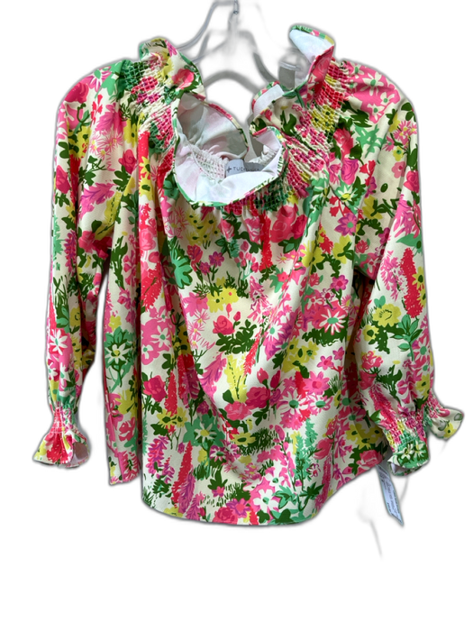 Tuckernuck Size M Pink, Green & Yellow Polyester Long Balloon Sleeve Floral Top Pink, Green & Yellow / M