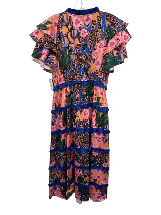 Alden Adair Size M Blue & Multi Cotton Blend V Neck Ruffle Sleeve Detail Dress Blue & Multi / M