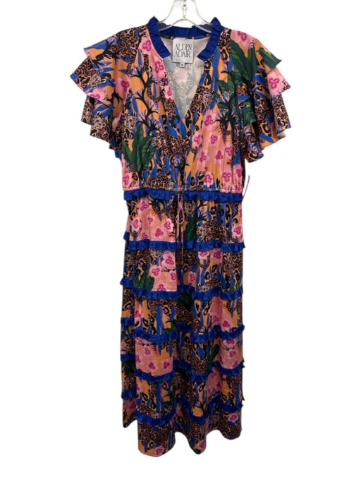 Alden Adair Size M Blue & Multi Cotton Blend V Neck Ruffle Sleeve Detail Dress Blue & Multi / M