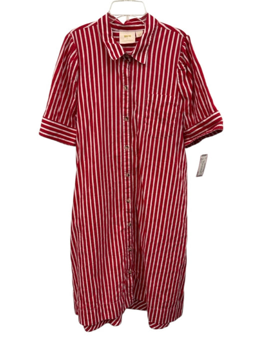 Maeve Size L Red & White Cotton Striped Button Front Patch Pocket Dress Red & White / L