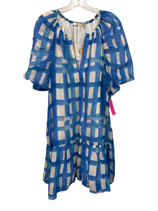 Marie Oliver Size XL Blue & White Linen Blend Printed V Neck Dress Blue & White / XL
