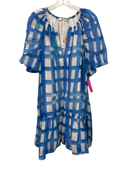 Marie Oliver Size XL Blue & White Linen Blend Printed V Neck Dress Blue & White / XL
