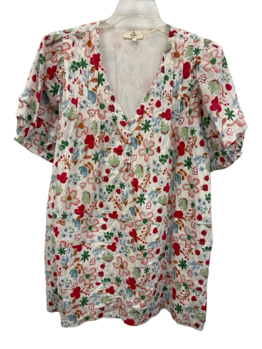 Entro Size L White & Multi Cotton Floral V Neck Pintuck Detail Dress White & Multi / L