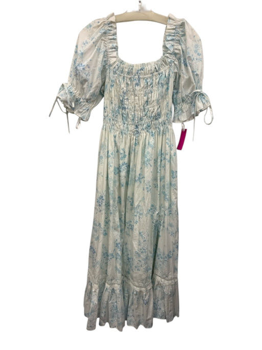 Antonio Melani Size 4 White & Blue Cotton Floral Square Neck Maxi Dress White & Blue / 4