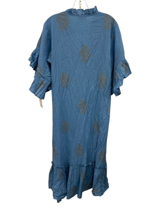 Fitzroy & Willa Size L Blue Cotton V Neck Short Sleeve Printed Maxi Dress Blue / L