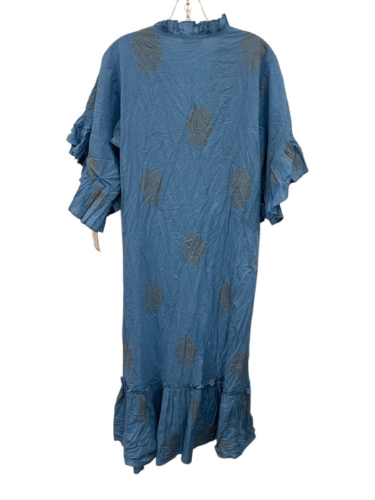 Fitzroy & Willa Size L Blue Cotton V Neck Short Sleeve Printed Maxi Dress Blue / L