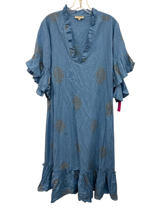 Fitzroy & Willa Size L Blue Cotton V Neck Short Sleeve Printed Maxi Dress Blue / L