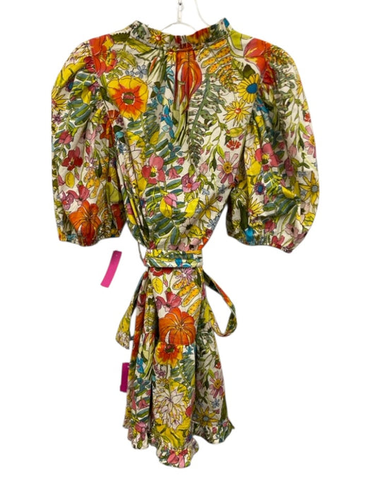 Marie Oliver Size L White & Multi Cotton V Neck Puff Short Sleeve Floral Dress White & Multi / L