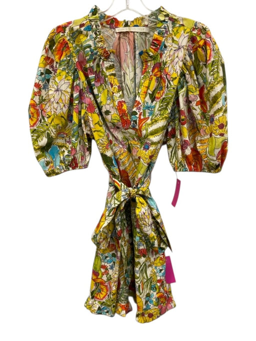 Marie Oliver Size L White & Multi Cotton V Neck Puff Short Sleeve Floral Dress White & Multi / L