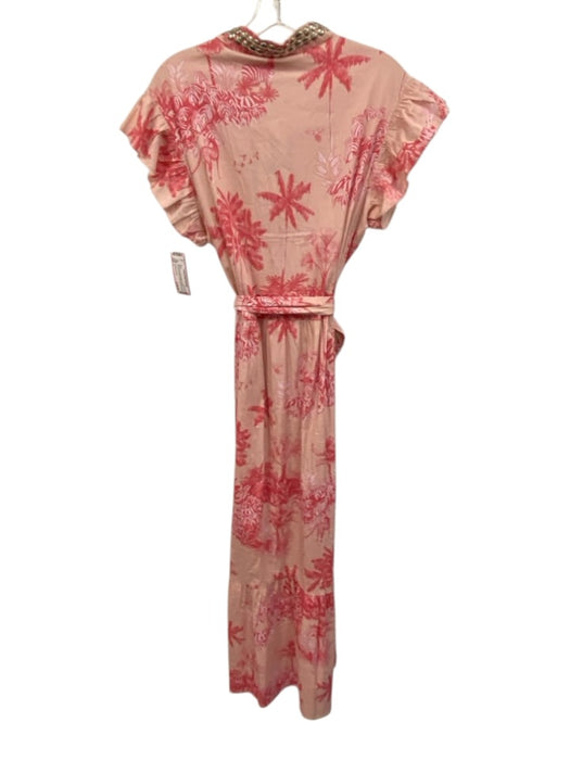 Sheridan French Size L Pink Cotton Blend V Neck Studded Printed Tie Belt Dress Pink / L