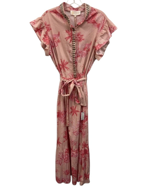 Sheridan French Size L Pink Cotton Blend V Neck Studded Printed Tie Belt Dress Pink / L