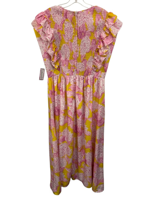 Sheridan French Size L Pink & Yellow Silk V Neck Zip Back Printed Maxi Dress Pink & Yellow / L