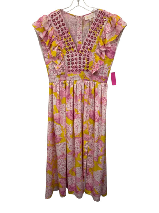 Sheridan French Size L Pink & Yellow Silk V Neck Zip Back Printed Maxi Dress Pink & Yellow / L