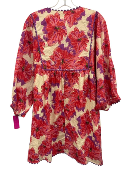 Entro Size L Red & Multi Cotton V Neck Contrast Piping Floral Dress Red & Multi / L