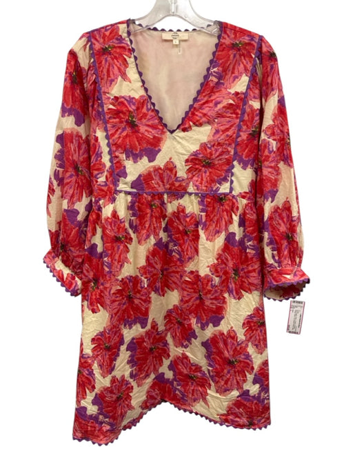 Entro Size L Red & Multi Cotton V Neck Contrast Piping Floral Dress Red & Multi / L