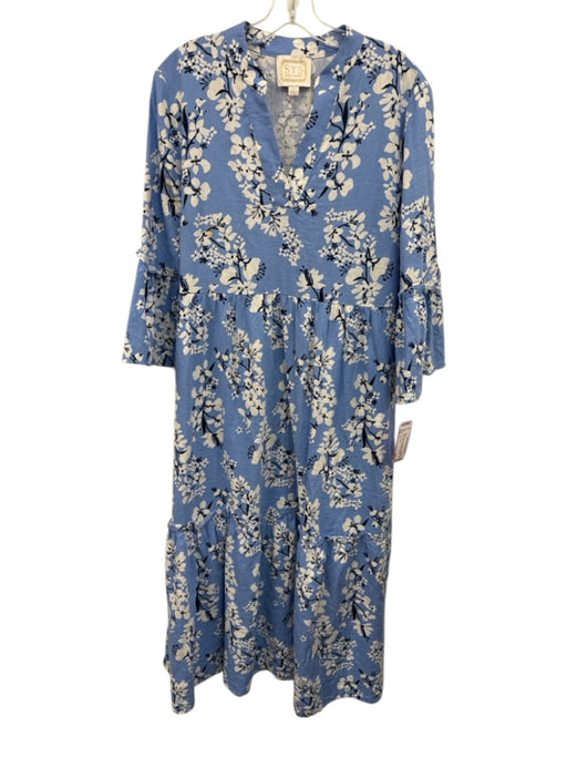 Sail To Sable Size L Blue & White Linen Blend V Neck Floral Print Maxi Dress Blue & White / L
